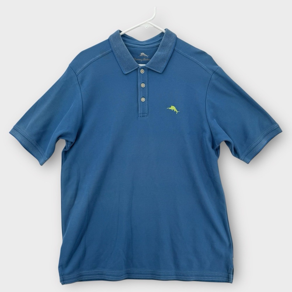 Tommy Bahama Polo Shirt Mens Medium Button Up Short Sleeve Blue Supima Cotton